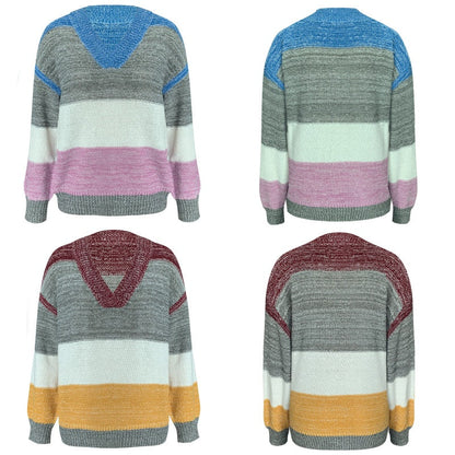 🍂 (S-2XL) ✨ Kényelmes V-nyakú Csíkos Pulóver 💕
