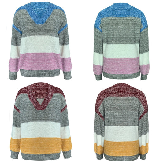 🍂 (S-2XL) ✨ Kényelmes V-nyakú Csíkos Pulóver 💕