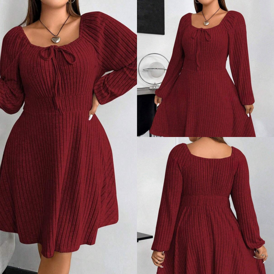 🌺 (XL-4XL) ✨ Négyzet Nyakú Hosszú Ujjú A-Vonalú Ruha
