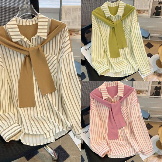 🔥 (S-4XL) 💕 Női Színblokkokkal Csíkos Ing Csatolt Sállal