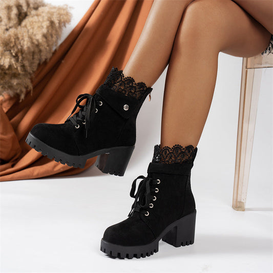 ❄️ UTOLSÓ NAPI AKCIÓ - 50% KEDVEZMÉNY 💖 Női Vastag Sarokkal Rendelkező Csipkés Bokacsizma 👢