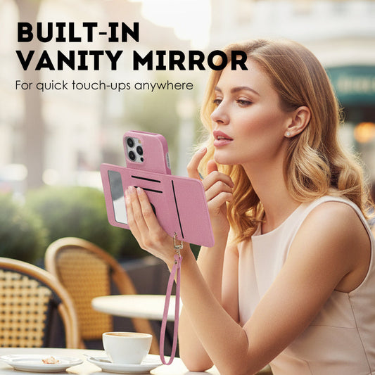 🔥📱 Védő tok női rózsaszín pénztárca mobiltok tükörrel és csuklópánttal 💃🌺