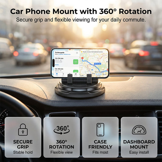 📱 360°-os forgó műszerfalas autós telefontartó – 🛡️ Széles látómező és biztonságos, egykezes navigáció 🚗✨