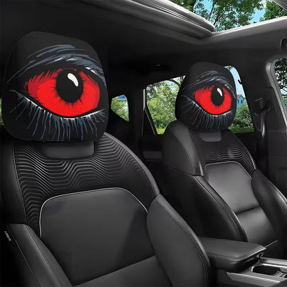 👀🚗  Ijesztő vörös szemű autós fejtámlahuzat – 3D plüss dizájn, univerzális méret, puha és légáteresztő belső dísz Halloweenre és mindennapi mókázáshoz 🎁👻