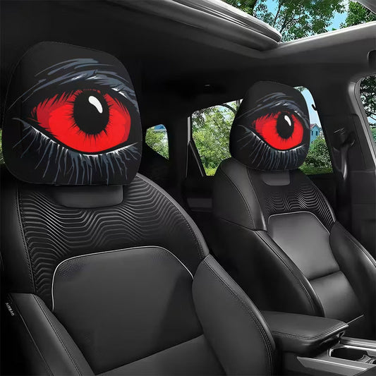 👀🚗  Ijesztő vörös szemű autós fejtámlahuzat – 3D plüss dizájn, univerzális méret, puha és légáteresztő belső dísz Halloweenre és mindennapi mókázáshoz 🎁👻
