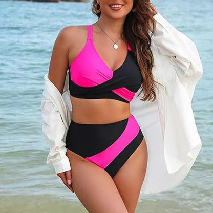 👙🌊 Női színblokkos, keresztpántos, csipkehátú fürdőruha szett 🌞