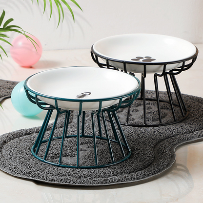 Elevated Ceramic Cat Bowl with Iron Stand