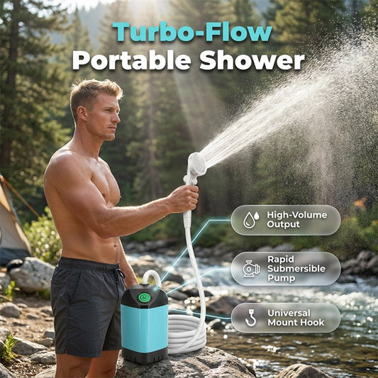 🚿 Hordozható kemping zuhany szivattyú – Vezeték nélküli kényelem, egyenletes vízsugár 🏕️✨