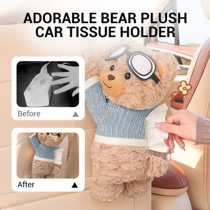 🚗✨ Aranyos mackós plüss autó papírtartó 🧸