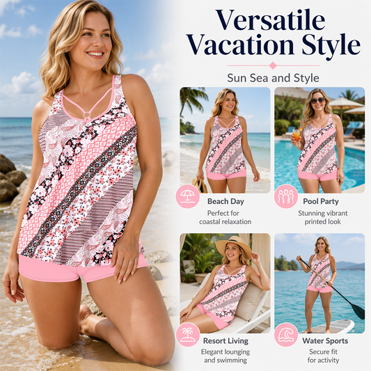 👙 Női plus size nyomtatott tankini szett, szoknyával és fiúsorttal – 🌸 Kegyelmes, takaró fazon és önbizalmat adó, kényelmes strandolás 🌊✨