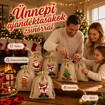 🎄✨ Karácsonyi zsákvászon ajándéktasak húzózsinórral: Stílusos csomagolás másodpercek alatt – búcsú a drága csomagolópapírtól és a ragasztószalag bajlódásától! 🎅🎁